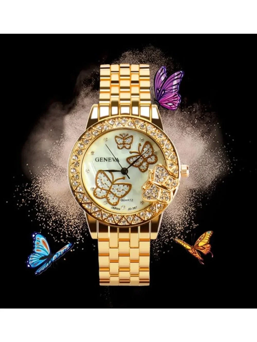 Women's Gold Analog Quartz Butterfly Fashion Steel Band Cuff Bangle Wrist Watch